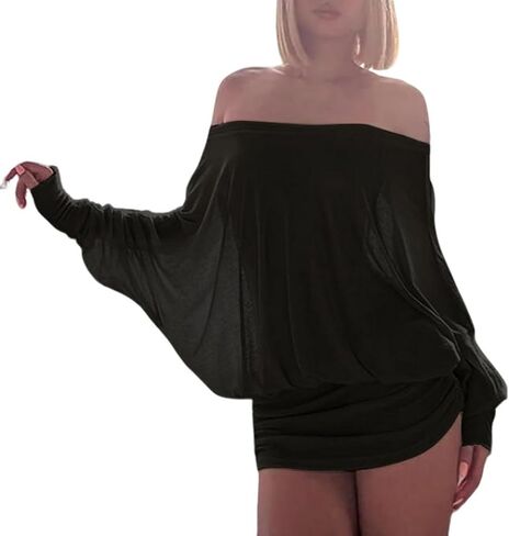 Ophestin Off The Shoulder Batwing Dress for Women Ruched Casual Going Out Long Sleeve Mini Dresses Loose in Saudi Arabia