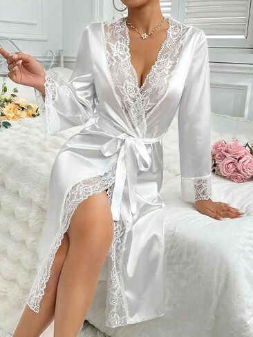 Women Satin Look Robe with Sheer Trim Tie Waist Nightwear Long Sleepwear Silky Style Home Lounge Dressing Gown in Saudi Arabia