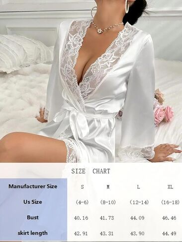 Women Satin Look Robe with Sheer Trim Tie Waist Nightwear Long Sleepwear Silky Style Home Lounge Dressing Gown in Saudi Arabia