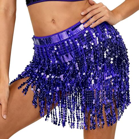 Women Sequin Tassel Skirt Glitter Sparkly Fringe Belly Dance Hip Scarf Skirts Metallic Rave Party in Saudi Arabia
