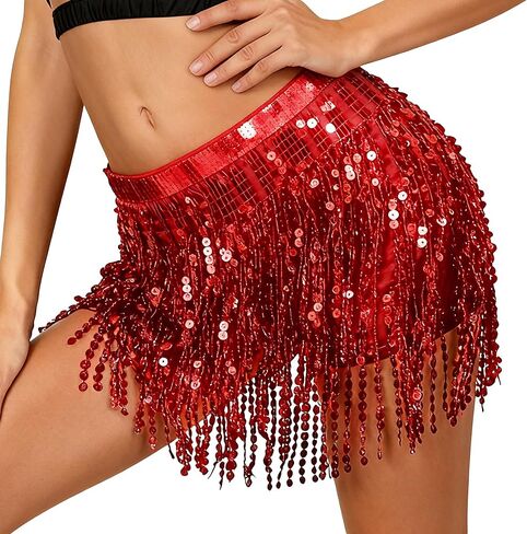 Women Sequin Tassel Skirt Glitter Sparkly Fringe Belly Dance Hip Scarf Skirts Metallic Rave Party in Saudi Arabia