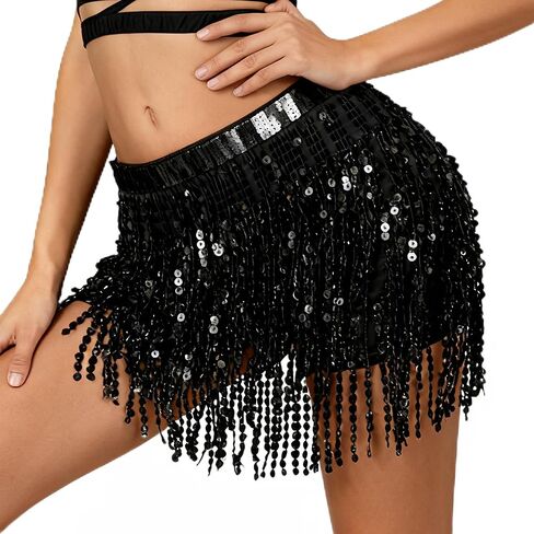 Women Sequin Tassel Skirt Glitter Sparkly Fringe Belly Dance Hip Scarf Skirts Metallic Rave Party in Saudi Arabia