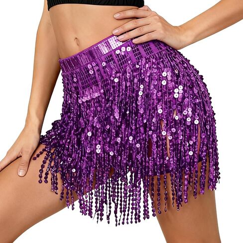 Women Sequin Tassel Skirt Glitter Sparkly Fringe Belly Dance Hip Scarf Skirts Metallic Rave Party in Saudi Arabia