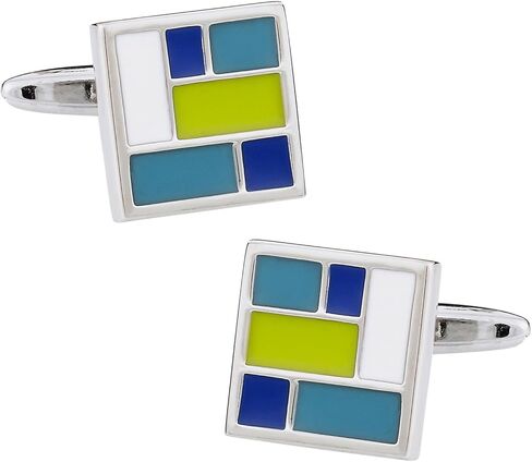 Cuff-Daddy Retro Enamel Green, White, and Blue Square Cufflinks with Presentation Box in Saudi Arabia