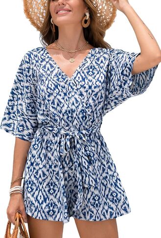 CUPSHE Women's Romper V Neck Half Sleeves Waist Boho Wide leg Jumpsuit Outfit Coverup Casual Vacation in Saudi Arabia