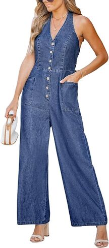 CUPSHE Women's Denim Jumpsuits Dressy One Piece Halter Neck Sleeveless Buttons Down Wide Leg Long Pants Jumpsuit in Saudi Arabia