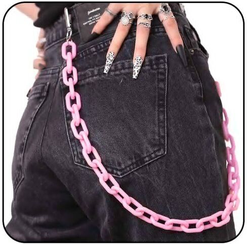 Hip Hop Jeans Pants Chain Punk Goth for Men and Women Gift On Halloween Color Acrylic Link Wallet Chain Hipster Chunky Thick Wallet Pocket Y2K Keychains Belt Waist Chains body Accessory for Girls (Pink) in Saudi Arabia