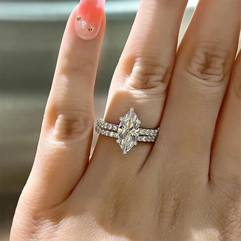 Hsitgexf Classic Marquise Cut Cubic Zirconia 2in1 Engagement Promise Rings for Women,Bridal Olive-Shaped Brilliant Cut Solitaire Half Eternity Band Rings Set （6） in Saudi Arabia