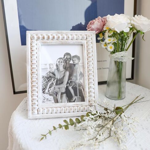 Whitewashed Wood Beaded 5x7 Picture Frame - Farmhouse Style Rustic Photo Frame, Boho Picture Frame as 5 x 7 Photo Frame for Tabletop Display 5x7 Photo in Saudi Arabia
