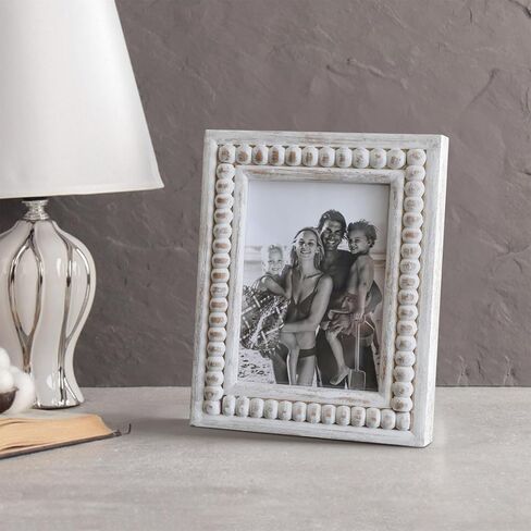 Whitewashed Wood Beaded 5x7 Picture Frame - Farmhouse Style Rustic Photo Frame, Boho Picture Frame as 5 x 7 Photo Frame for Tabletop Display 5x7 Photo in Saudi Arabia