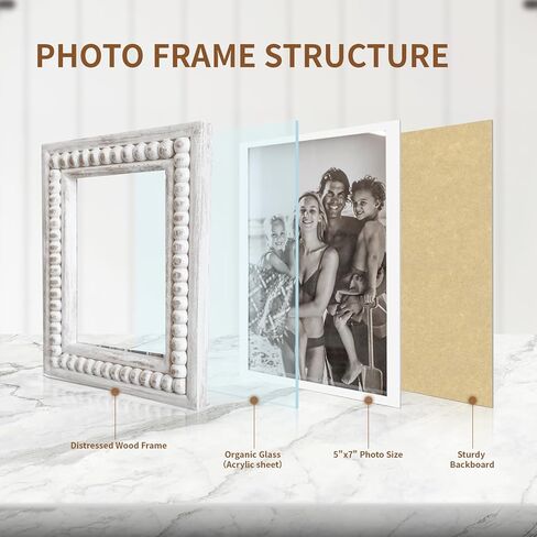 Whitewashed Wood Beaded 5x7 Picture Frame - Farmhouse Style Rustic Photo Frame, Boho Picture Frame as 5 x 7 Photo Frame for Tabletop Display 5x7 Photo in Saudi Arabia