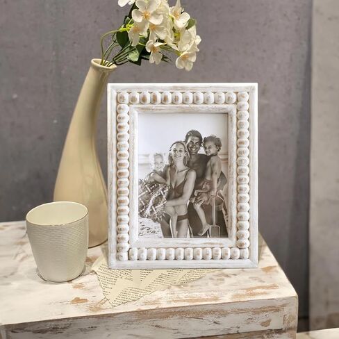 Whitewashed Wood Beaded 5x7 Picture Frame - Farmhouse Style Rustic Photo Frame, Boho Picture Frame as 5 x 7 Photo Frame for Tabletop Display 5x7 Photo in Saudi Arabia