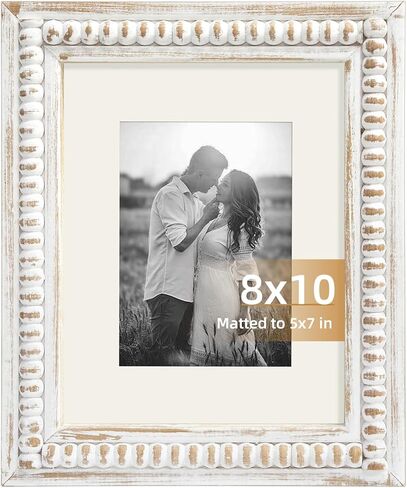 Whitewashed Wood Beaded 5x7 Picture Frame - Farmhouse Style Rustic Photo Frame, Boho Picture Frame as 5 x 7 Photo Frame for Tabletop Display 5x7 Photo in Saudi Arabia