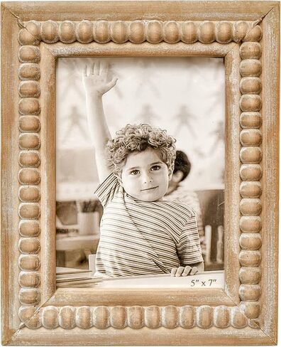 Whitewashed Wood Beaded 5x7 Picture Frame - Farmhouse Style Rustic Photo Frame, Boho Picture Frame as 5 x 7 Photo Frame for Tabletop Display 5x7 Photo in Saudi Arabia