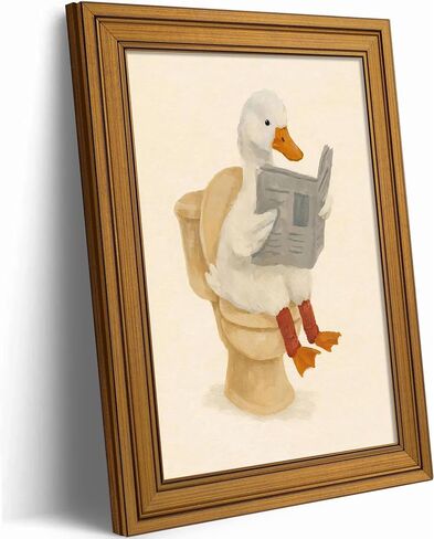 Vintage Gold Framed Duck Bathroom Wall Art Funny Animals on the Toilet Pictures Wall Decor Kids Bathroom Poster Beige Cute Animal Painting Canvas Print Artwork for Restroom Toilet Washroom Decor in Saudi Arabia