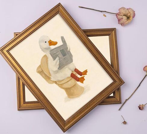 Vintage Gold Framed Duck Bathroom Wall Art Funny Animals on the Toilet Pictures Wall Decor Kids Bathroom Poster Beige Cute Animal Painting Canvas Print Artwork for Restroom Toilet Washroom Decor in Saudi Arabia