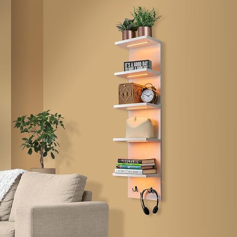 رف عرض إضاءة LED من Sorbus - وحدة رف حائط عمودية من 5 طبقات مع خطافين، رفوف عمودية للديكور المنزلي، أرفف عائمة مثبتة على الحائط للحمام، غرفة النوم، الغرور، عرض التمثال in Saudi Arabia