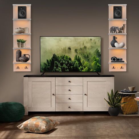 رف عرض إضاءة LED من Sorbus - وحدة رف حائط عمودية من 5 طبقات مع خطافين، رفوف عمودية للديكور المنزلي، أرفف عائمة مثبتة على الحائط للحمام، غرفة النوم، الغرور، عرض التمثال in Kuwait