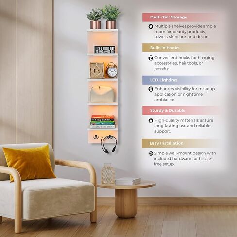 رف عرض إضاءة LED من Sorbus - وحدة رف حائط عمودية من 5 طبقات مع خطافين، رفوف عمودية للديكور المنزلي، أرفف عائمة مثبتة على الحائط للحمام، غرفة النوم، الغرور، عرض التمثال in Kuwait