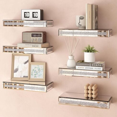 SHYFOY Mirrored Floating Shelves for Wall Decor Storage, Glitter Glass Wall Mounted Shelves for Bedroom, Living Room, Bathroom, Kitchen, Office and More, Set of 2, Silver in Saudi Arabia