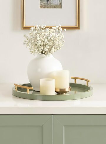 Kate and Laurel Halsey Decorative Wooden Round Tray with Polished Metal Handles, 16 Inch Diameter, Black and Gold, Modern Glam Wood Circle Serving Tray for Use as Ottoman or Coffee Table Decor in Saudi Arabia