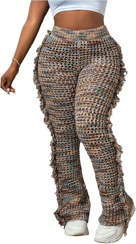 Verdusa Women's Fringe Boho Knit Flared Pants Elastic Waist Bell Bottoms Fitted Trousers Rave Outfits in Saudi Arabia