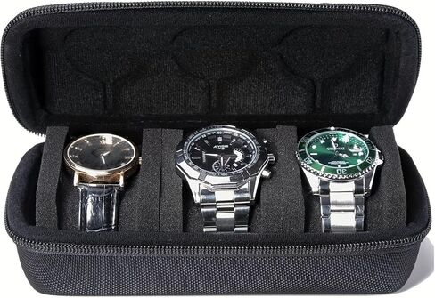 3 Watch Travel Case Roll, Hard Watch Carry Case Roll Display Storage Organizer Box With Soft Foam Pillows Snug Fit All Size Watches Up To 60mm Face-Black in Saudi Arabia