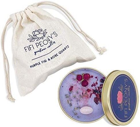 Fifi Peony's Gemstone Candles - Infused with Healing Rose Quartz Crystals and Hand Placed Dried Flowers. Scented with Soothing Fig in Natural Soy Wax. Burns with an Elegant Wooden Wick. 8oz in Saudi Arabia
