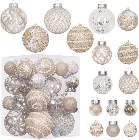 Super Holiday Christmas Ball Ornaments, 33PCS Champagne Clear Shatterproof Plastic Foam Ornaments Set for Hanging Xmas Tree Holiday Thanksgiving Party Decor. in Saudi Arabia