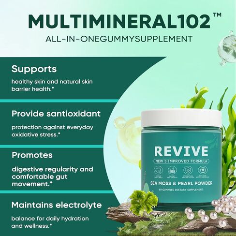 Revive Hair Gummies، Balmbare Revive Gummies للشعر، مع طحالب البحر الأيرلندية العضوية، مسحوق اللؤلؤ المتوهج، فيتامين C/E، الصبار، 60 قطعة in Kuwait