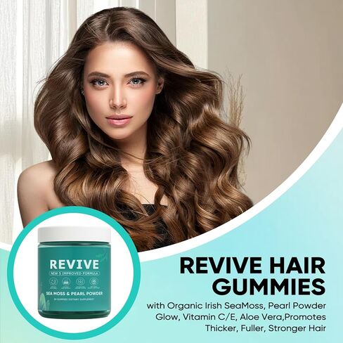 Revive Hair Gummies، Balmbare Revive Gummies للشعر، مع طحالب البحر الأيرلندية العضوية، مسحوق اللؤلؤ المتوهج، فيتامين C/E، الصبار، 60 قطعة in Kuwait