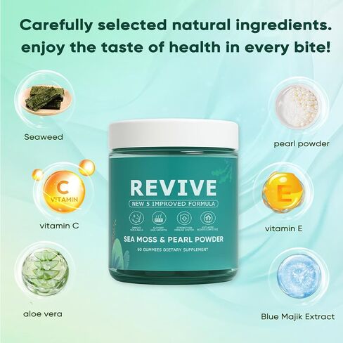 Revive Hair Gummies، Balmbare Revive Gummies للشعر، مع طحالب البحر الأيرلندية العضوية، مسحوق اللؤلؤ المتوهج، فيتامين C/E، الصبار، 60 قطعة in Kuwait