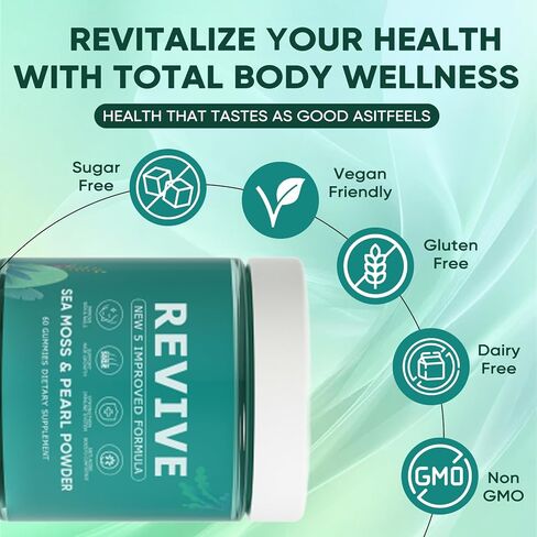 Revive Hair Gummies، Balmbare Revive Gummies للشعر، مع طحالب البحر الأيرلندية العضوية، مسحوق اللؤلؤ المتوهج، فيتامين C/E، الصبار، 60 قطعة in Kuwait