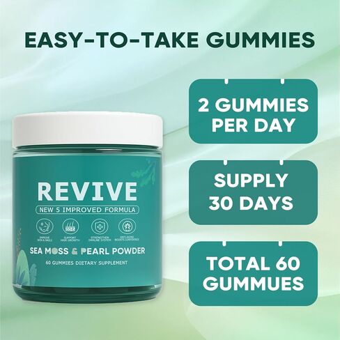 Revive Hair Gummies، Balmbare Revive Gummies للشعر، مع طحالب البحر الأيرلندية العضوية، مسحوق اللؤلؤ المتوهج، فيتامين C/E، الصبار، 60 قطعة in Kuwait