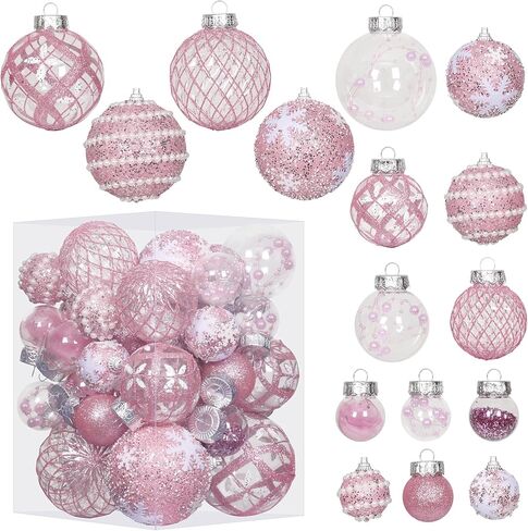 Super Holiday Christmas Ball Ornaments, 33PCS Champagne Clear Shatterproof Plastic Foam Ornaments Set for Hanging Xmas Tree Holiday Thanksgiving Party Decor. in Saudi Arabia