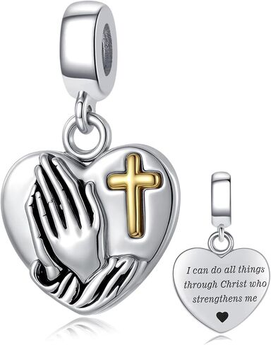 Praying Hands Cross Heart Dangle Charm Bible Verse Engraved Bead Compatible with Pandora Bracelet Women in Saudi Arabia