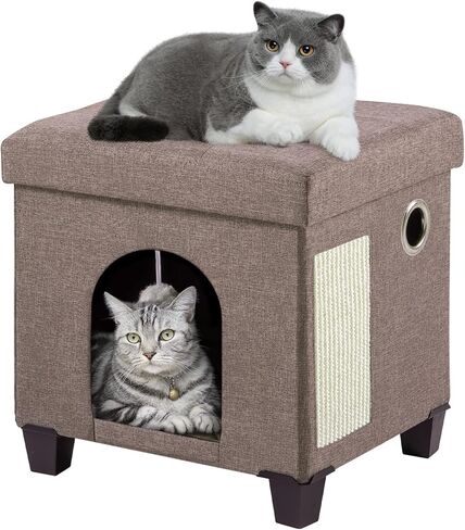 BRIAN & DANY Foldable Cat Bed for Indoor Cats, Large Cat Cube for Pet Cat House with Cat Scratch Board & Cat Ball, 17.7 x 14.8 x 15 inches, Grey in Saudi Arabia
