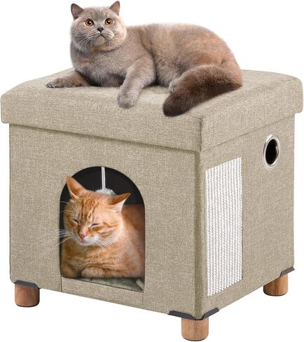 BRIAN & DANY Foldable Cat Bed for Indoor Cats, Large Cat Cube for Pet Cat House with Cat Scratch Board & Cat Ball, 17.7 x 14.8 x 15 inches, Grey in Saudi Arabia