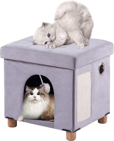 BRIAN & DANY Foldable Cat Bed for Indoor Cats, Large Cat Cube for Pet Cat House with Cat Scratch Board & Cat Ball, 17.7 x 14.8 x 15 inches, Grey in Saudi Arabia