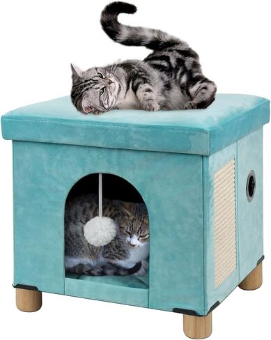 BRIAN & DANY Foldable Cat Bed for Indoor Cats, Large Cat Cube for Pet Cat House with Cat Scratch Board & Cat Ball, 17.7 x 14.8 x 15 inches, Grey in Saudi Arabia