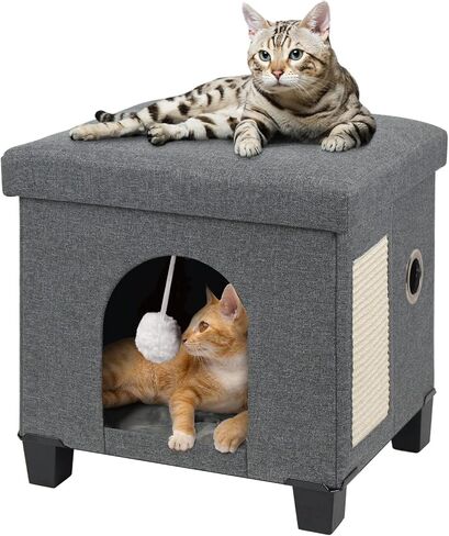 BRIAN & DANY Foldable Cat Bed for Indoor Cats, Large Cat Cube for Pet Cat House with Cat Scratch Board & Cat Ball, 17.7 x 14.8 x 15 inches, Grey in Saudi Arabia