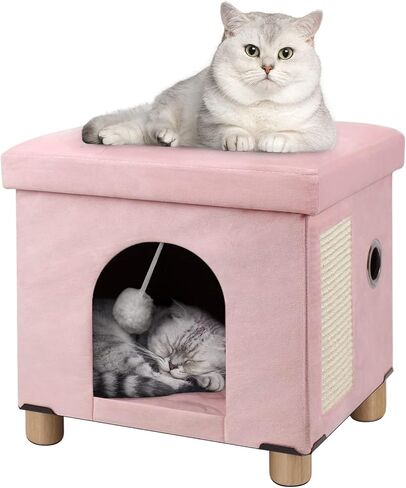 BRIAN & DANY Foldable Cat Bed for Indoor Cats, Large Cat Cube for Pet Cat House with Cat Scratch Board & Cat Ball, 17.7 x 14.8 x 15 inches, Grey in Saudi Arabia
