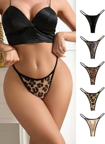 Animal Print Thong Panties 5-Pack - Soft Mesh Comfortable Underwear for Women, Sexy Briefs Low Rise Stretchy Panty in Saudi Arabia