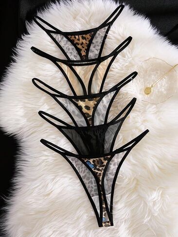 Animal Print Thong Panties 5-Pack - Soft Mesh Comfortable Underwear for Women, Sexy Briefs Low Rise Stretchy Panty in Saudi Arabia