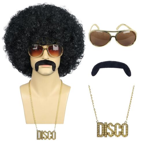 karlery Men Women Unisex Short Curly Black Wig with Mustache Golden Necklace Glasses 60s 70s 80s Disco Afro Hippie Wig Fluffy Brethable for Cosplay Halloween Costume Party in Saudi Arabia