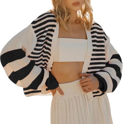Women's Striped Cardigan Sweater Long Sleeve Button Down Open Front Cropped Outerwear in Saudi Arabia