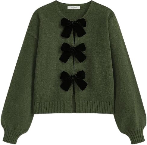 Womens Y2k Tie Front Cardigan Sweaters Bow Tie Long Sleeve Crew Neck Loose Crop Knitted Fall Winter Sweater in Saudi Arabia