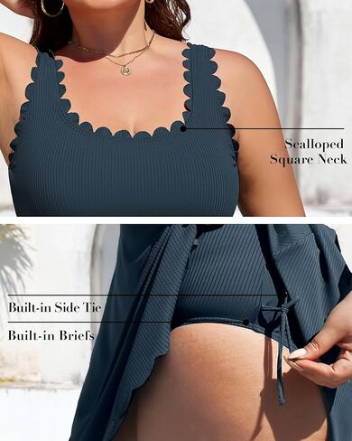 Charmo Women Plus Size Swim Dress Scalloped Square Neck One Piece Swimsuit Tummy Control Bathing Suit Rushed Swim Suits 2026 in Saudi Arabia