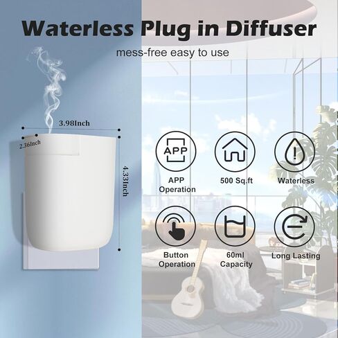 موزع روائح عطرية ذكي على الحائط، جهاز هواء لرائحة الزيوت العطرية المضغوطة بدون ماء، موزع عطور هواء بارد محمول للمكتب المنزلي هادئ ويدوم طويلاً 60 مل 500 متر مربع هدية للاسترخاء في المنزل الجديد in Kuwait