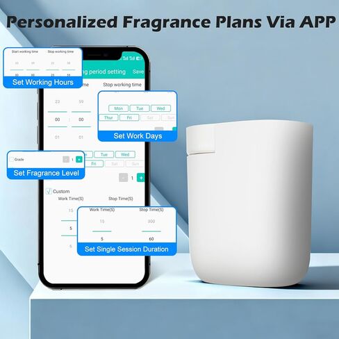موزع روائح عطرية ذكي على الحائط، جهاز هواء لرائحة الزيوت العطرية المضغوطة بدون ماء، موزع عطور هواء بارد محمول للمكتب المنزلي هادئ ويدوم طويلاً 60 مل 500 متر مربع هدية للاسترخاء في المنزل الجديد in Kuwait